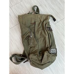 Green Canvas Hiking Backpack with Leather Trim and External Pockets